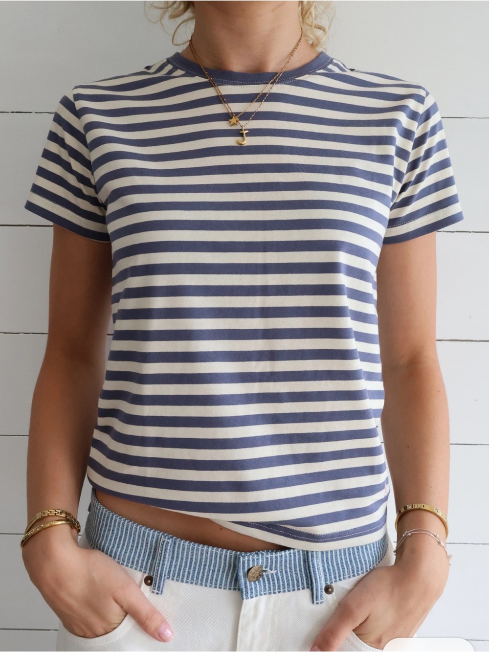 Studio Seven Design Lenny Striped Short-Sleeve Crewneck Navy White Tee Shirt M